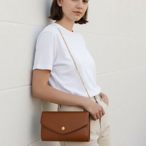 Daks London Tan Leather Clutch with Gold Chain